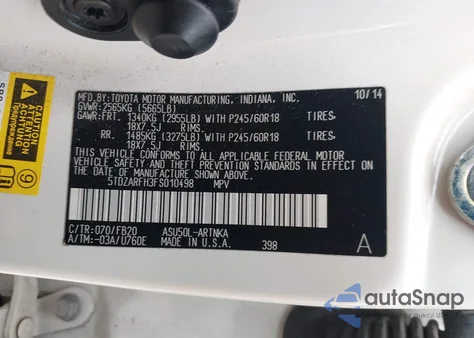 2015 Toyota Highlander Le from USA, damaged, VIN 5TDZARFH3FS010498